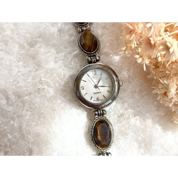 Faux Tiger's Eye Scarab Silver T 90's Vintage Wristwatch - 22mm - WORKS! - Picture 2 of 12
